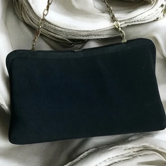Vintage Black Fabric & Gold Evening Bag Clutch Purse Handbag Gold Latch Frame - Picture 4 of 9